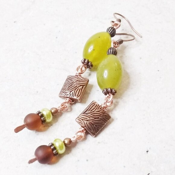 Boho! Unique & Handmade EarCandy! Embossed Copper + Jade + Recycled Glass Beads - Picture 3 of 7